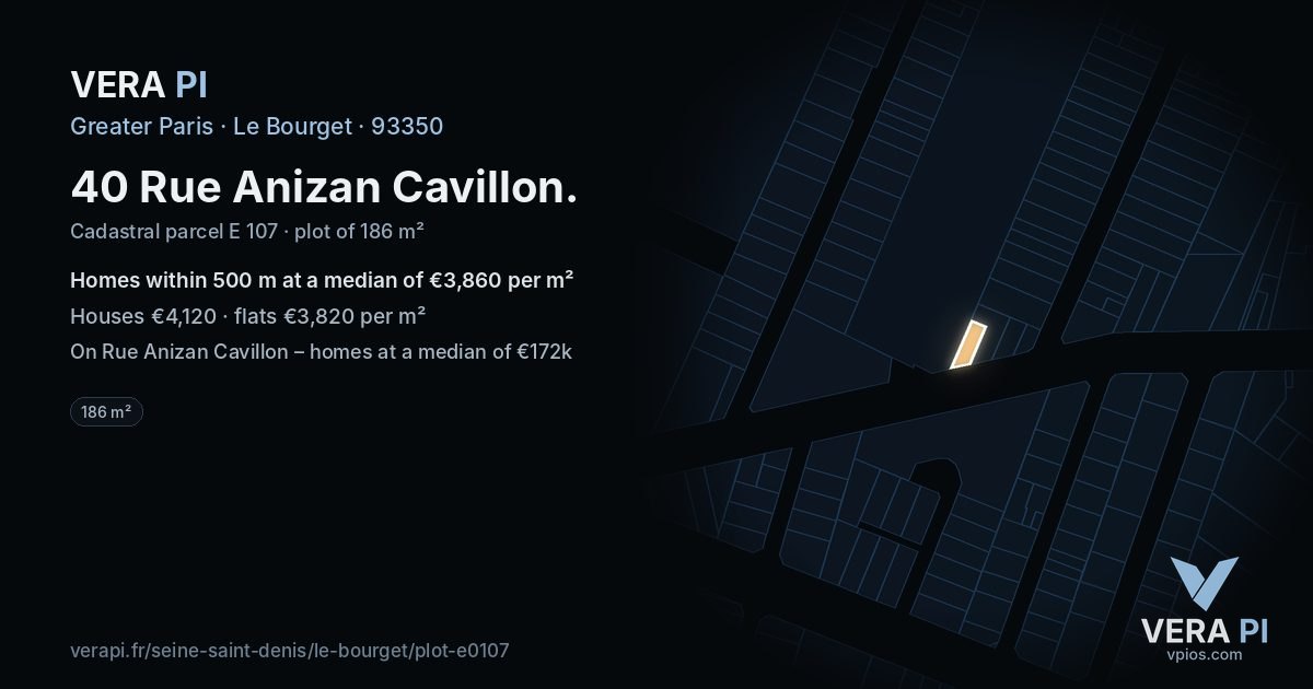 40 Rue Anizan Cavillon, Le Bourget at night – the plot lit, the parcels around coloured by the prices near them