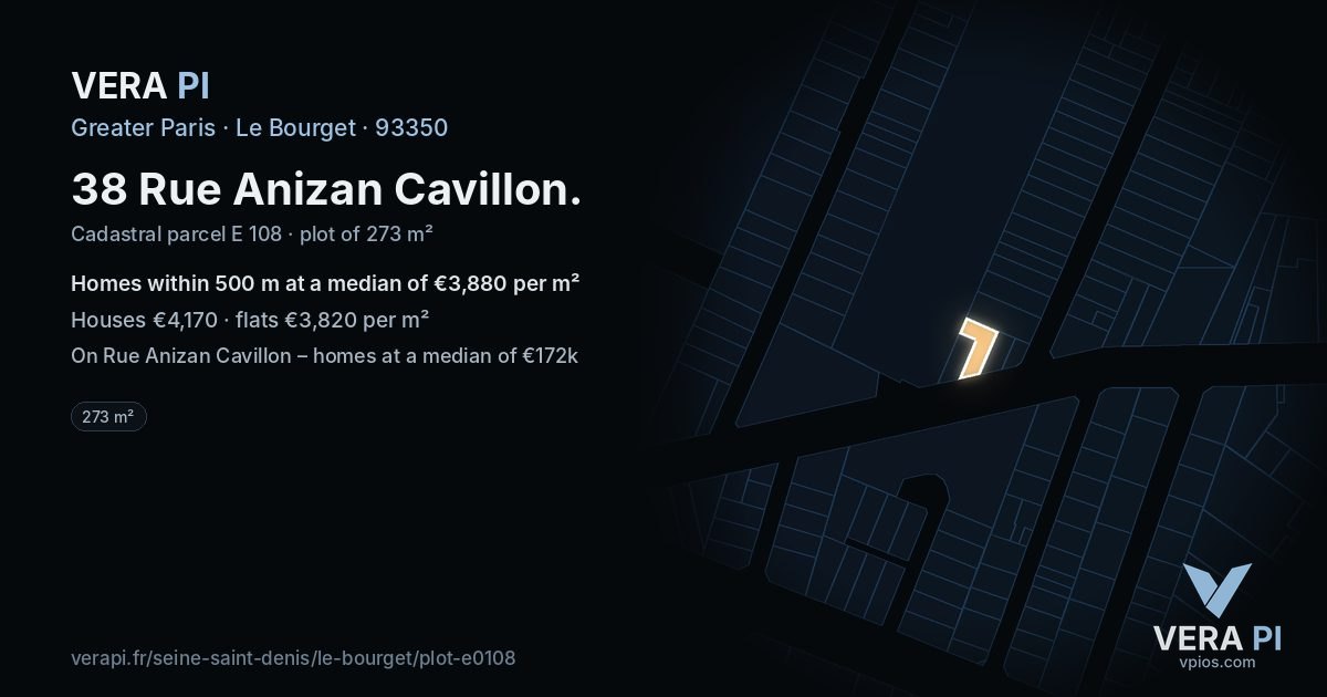 38 Rue Anizan Cavillon, Le Bourget at night – the plot lit, the parcels around coloured by the prices near them