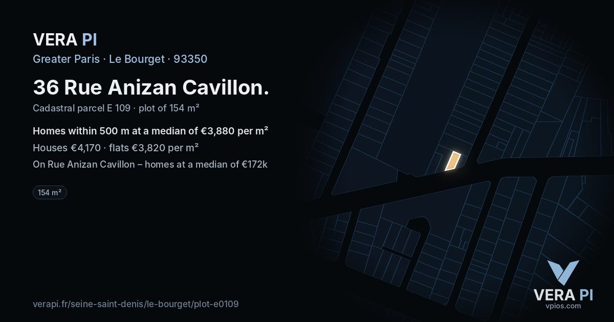 36 Rue Anizan Cavillon, Le Bourget at night – the plot lit, the parcels around coloured by the prices near them