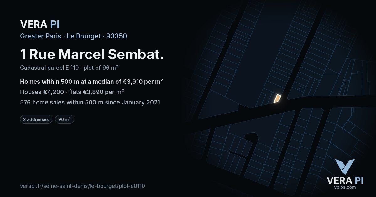 1 Rue Marcel Sembat, Le Bourget at night – the plot lit, the parcels around coloured by the prices near them