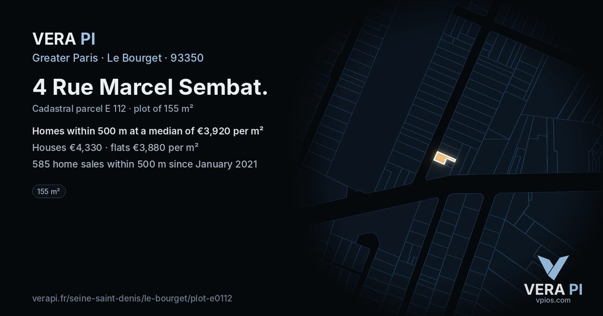 4 Rue Marcel Sembat, Le Bourget at night – the plot lit, the parcels around coloured by the prices near them