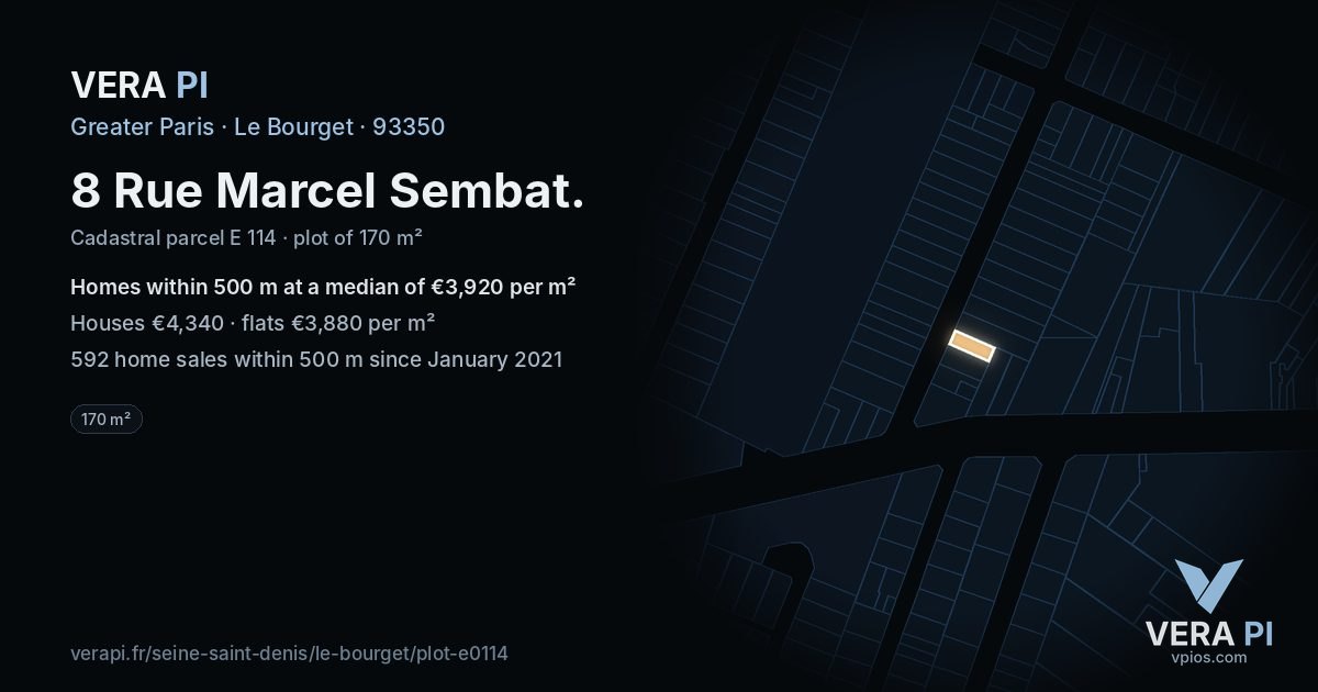 8 Rue Marcel Sembat, Le Bourget at night – the plot lit, the parcels around coloured by the prices near them