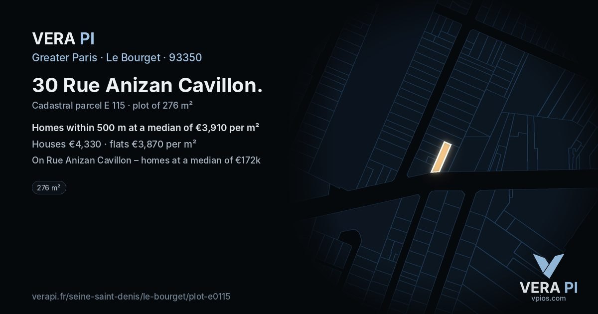 30 Rue Anizan Cavillon, Le Bourget at night – the plot lit, the parcels around coloured by the prices near them