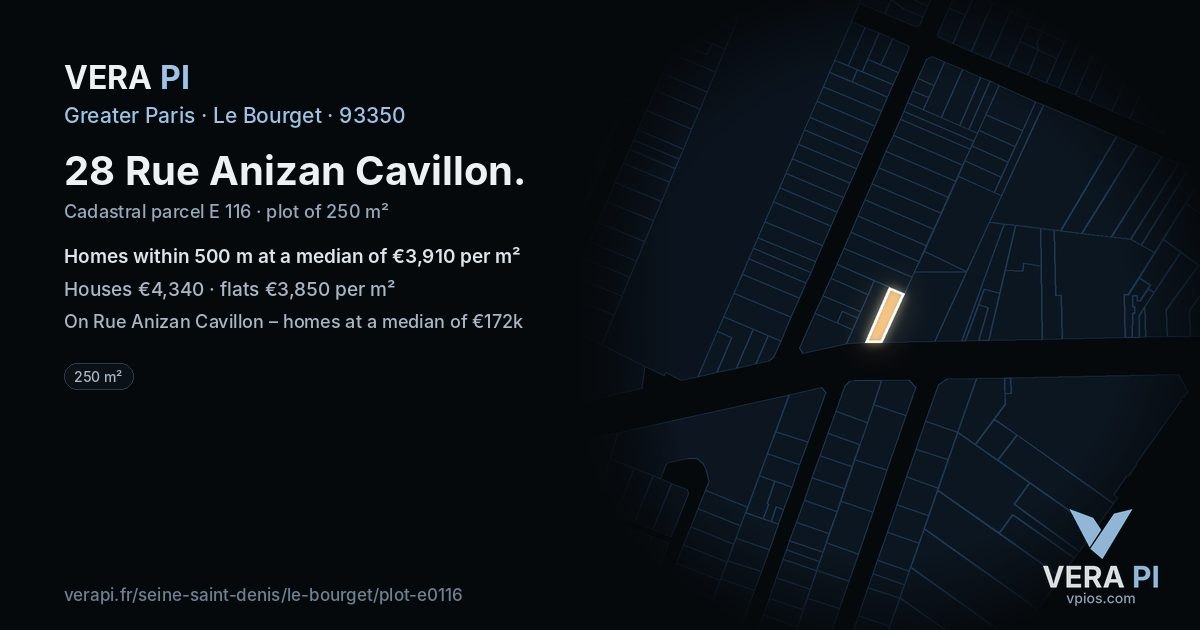 28 Rue Anizan Cavillon, Le Bourget at night – the plot lit, the parcels around coloured by the prices near them