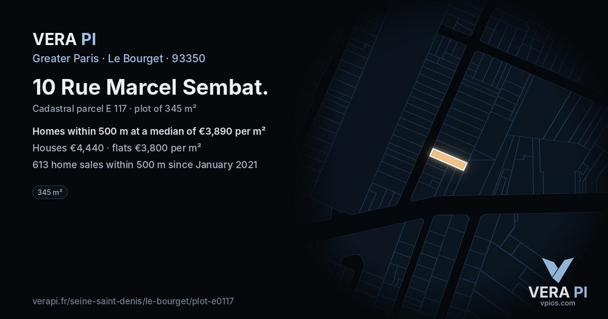 10 Rue Marcel Sembat, Le Bourget at night – the plot lit, the parcels around coloured by the prices near them