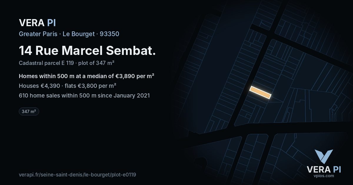 14 Rue Marcel Sembat, Le Bourget at night – the plot lit, the parcels around coloured by the prices near them
