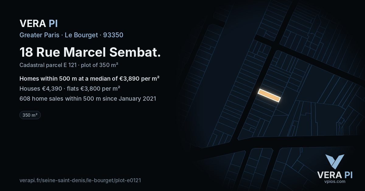 18 Rue Marcel Sembat, Le Bourget at night – the plot lit, the parcels around coloured by the prices near them