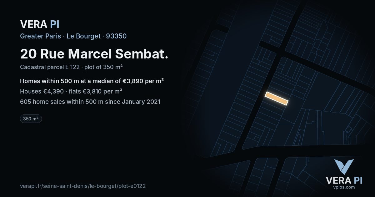 20 Rue Marcel Sembat, Le Bourget at night – the plot lit, the parcels around coloured by the prices near them
