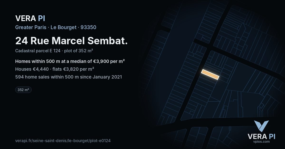 24 Rue Marcel Sembat, Le Bourget at night – the plot lit, the parcels around coloured by the prices near them