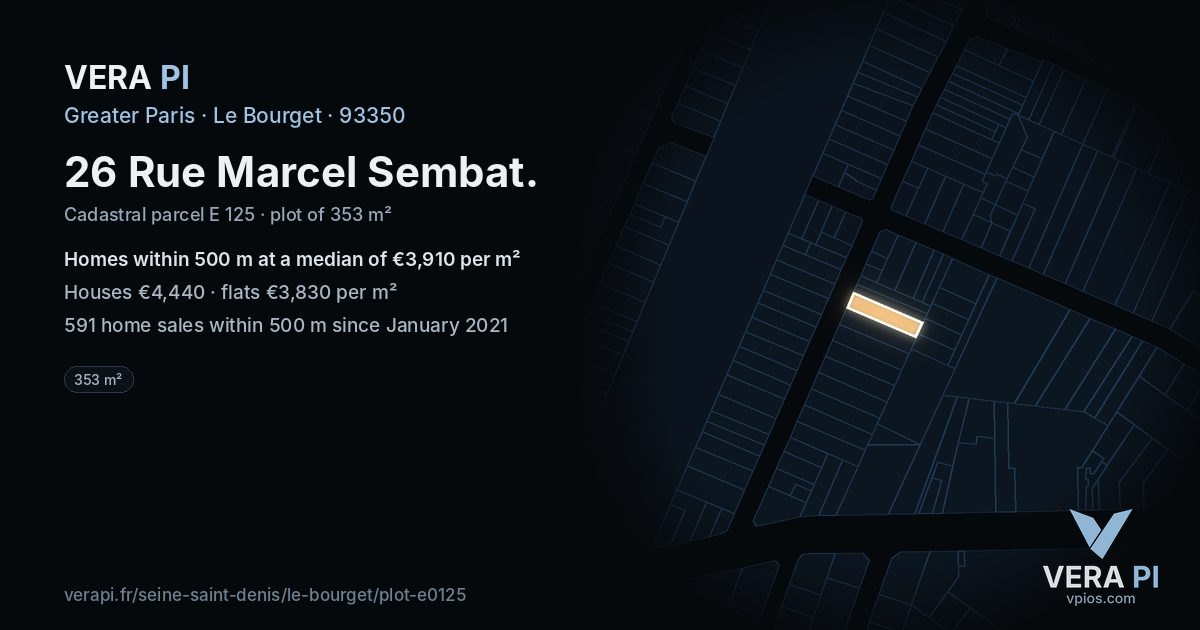 26 Rue Marcel Sembat, Le Bourget at night – the plot lit, the parcels around coloured by the prices near them