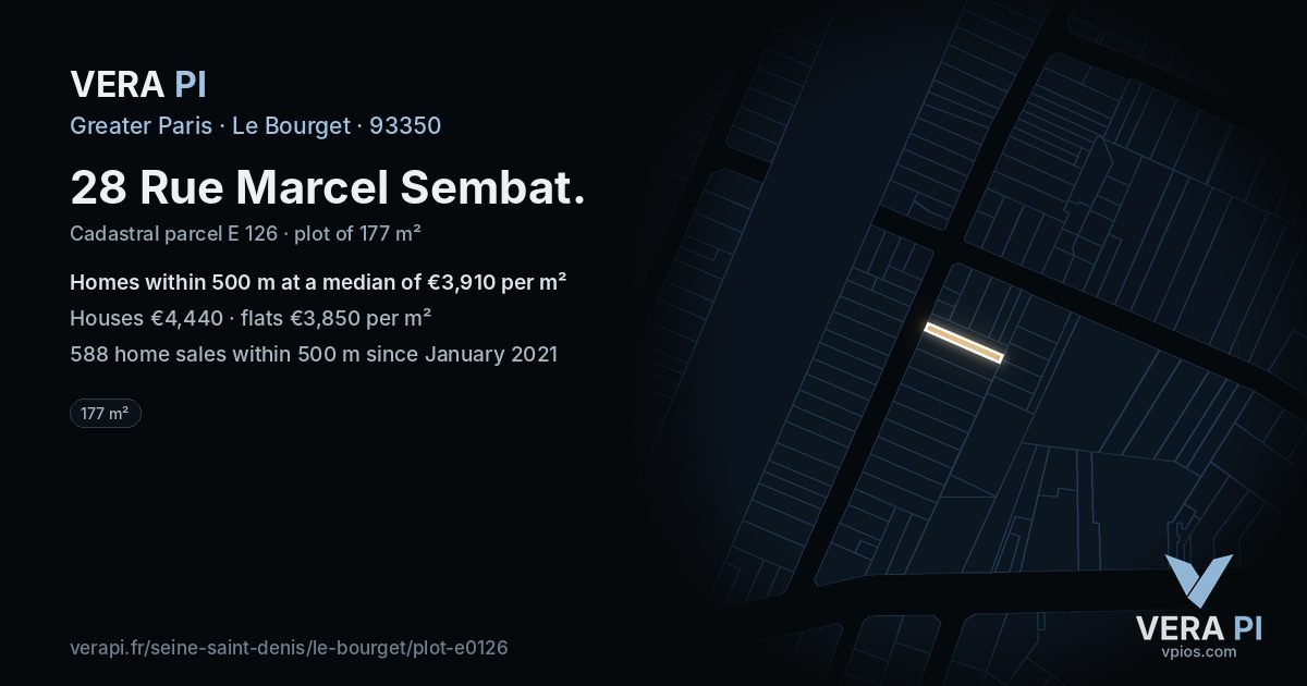 28 Rue Marcel Sembat, Le Bourget at night – the plot lit, the parcels around coloured by the prices near them