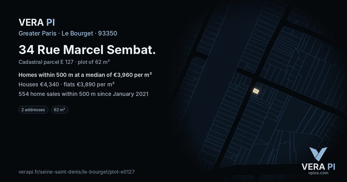 34 Rue Marcel Sembat, Le Bourget at night – the plot lit, the parcels around coloured by the prices near them