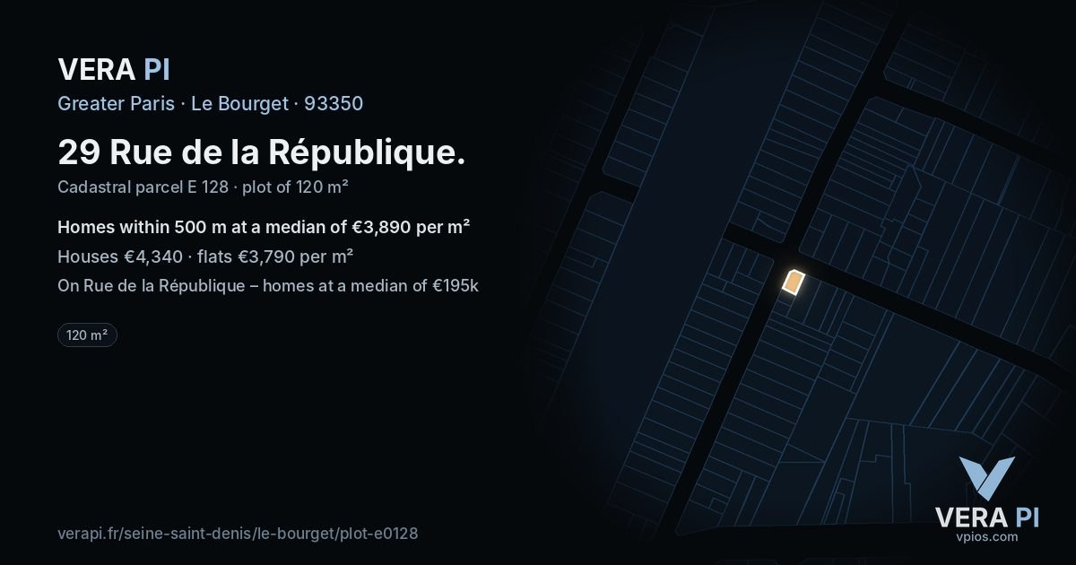29 Rue de la République, Le Bourget at night – the plot lit, the parcels around coloured by the prices near them