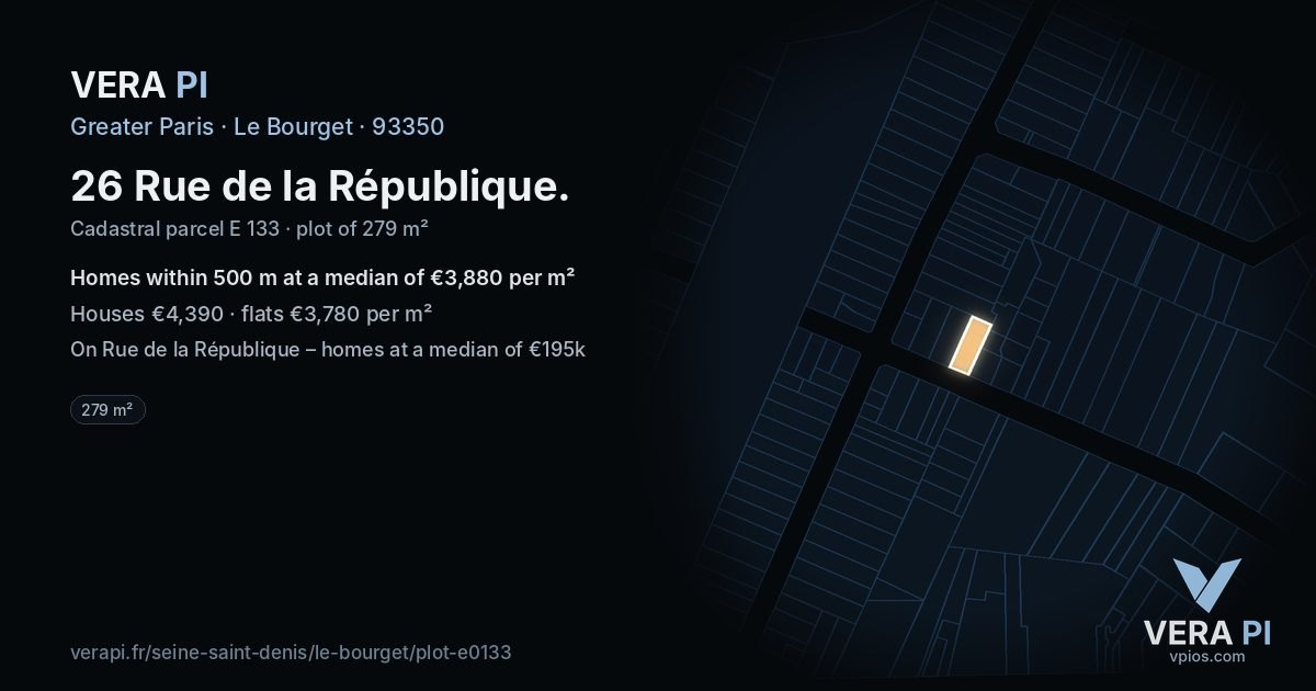 26 Rue de la République, Le Bourget at night – the plot lit, the parcels around coloured by the prices near them
