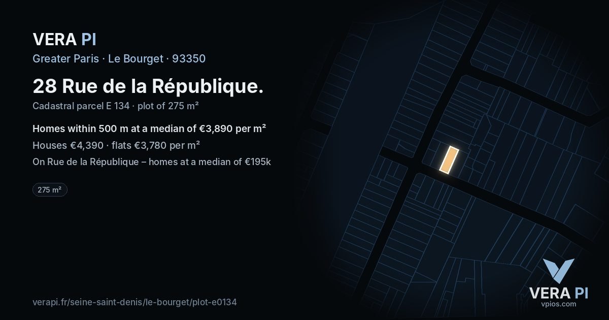 28 Rue de la République, Le Bourget at night – the plot lit, the parcels around coloured by the prices near them