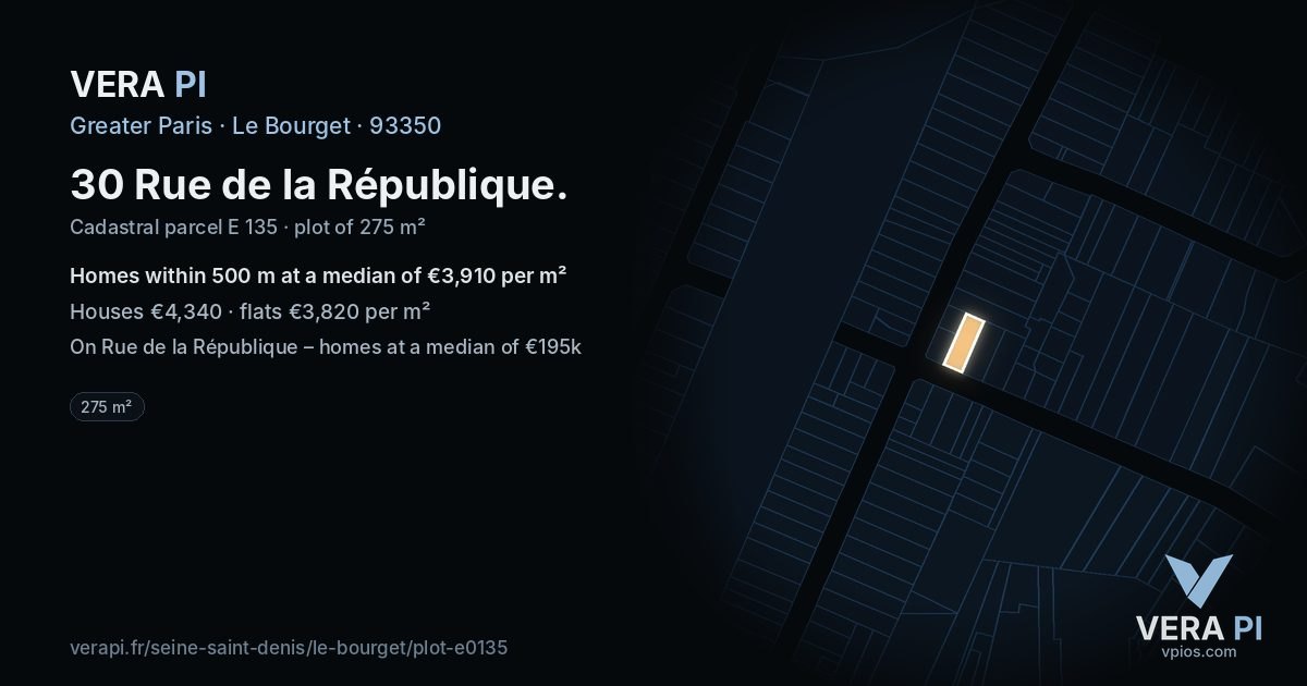 30 Rue de la République, Le Bourget at night – the plot lit, the parcels around coloured by the prices near them