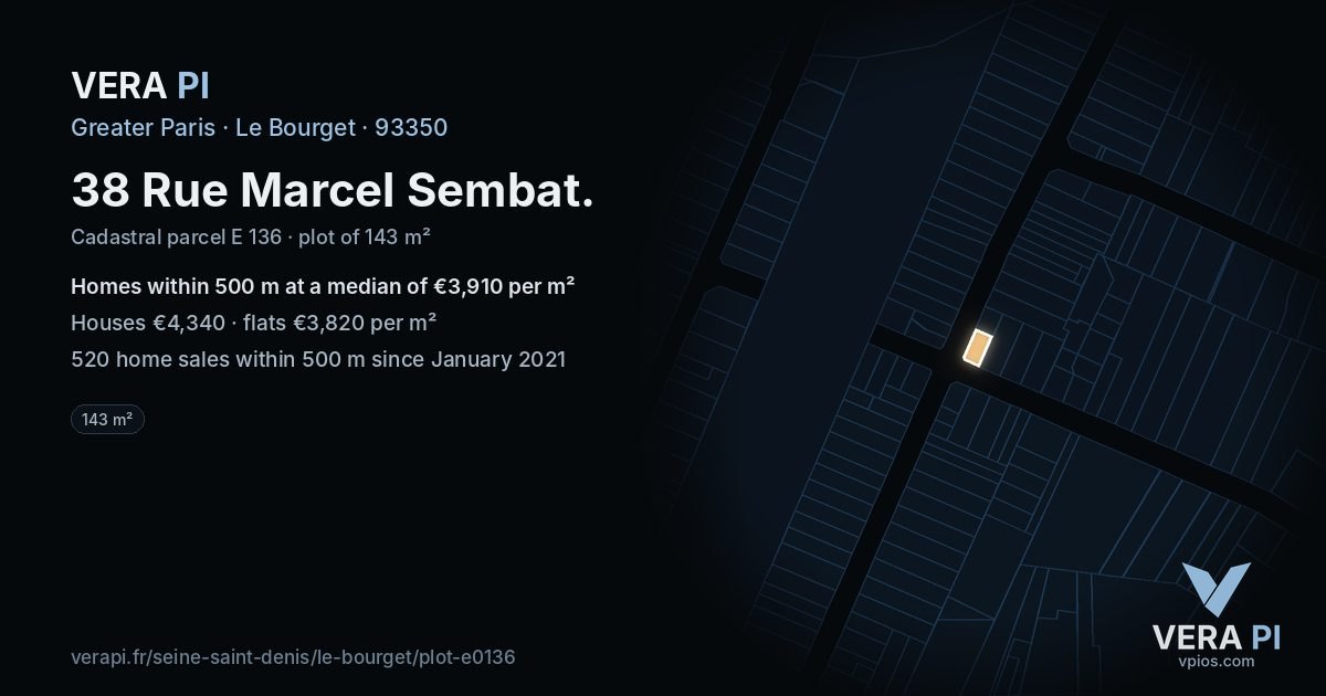38 Rue Marcel Sembat, Le Bourget at night – the plot lit, the parcels around coloured by the prices near them