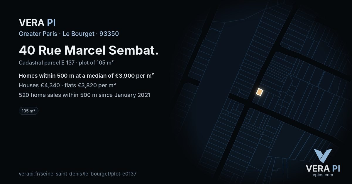 40 Rue Marcel Sembat, Le Bourget at night – the plot lit, the parcels around coloured by the prices near them
