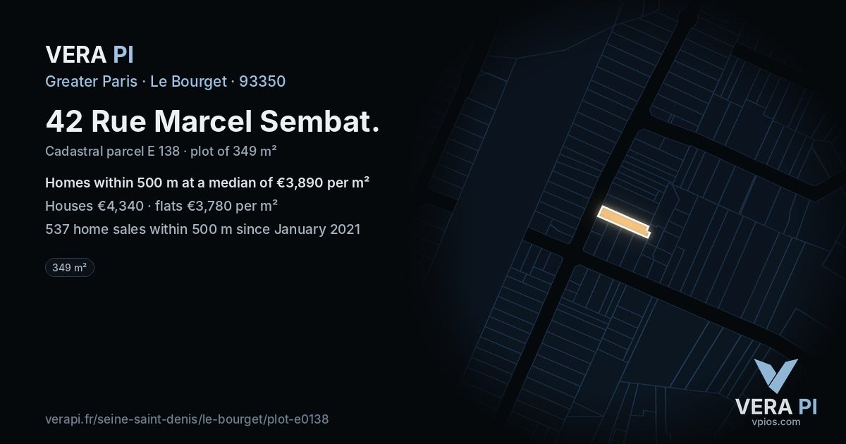 42 Rue Marcel Sembat, Le Bourget at night – the plot lit, the parcels around coloured by the prices near them