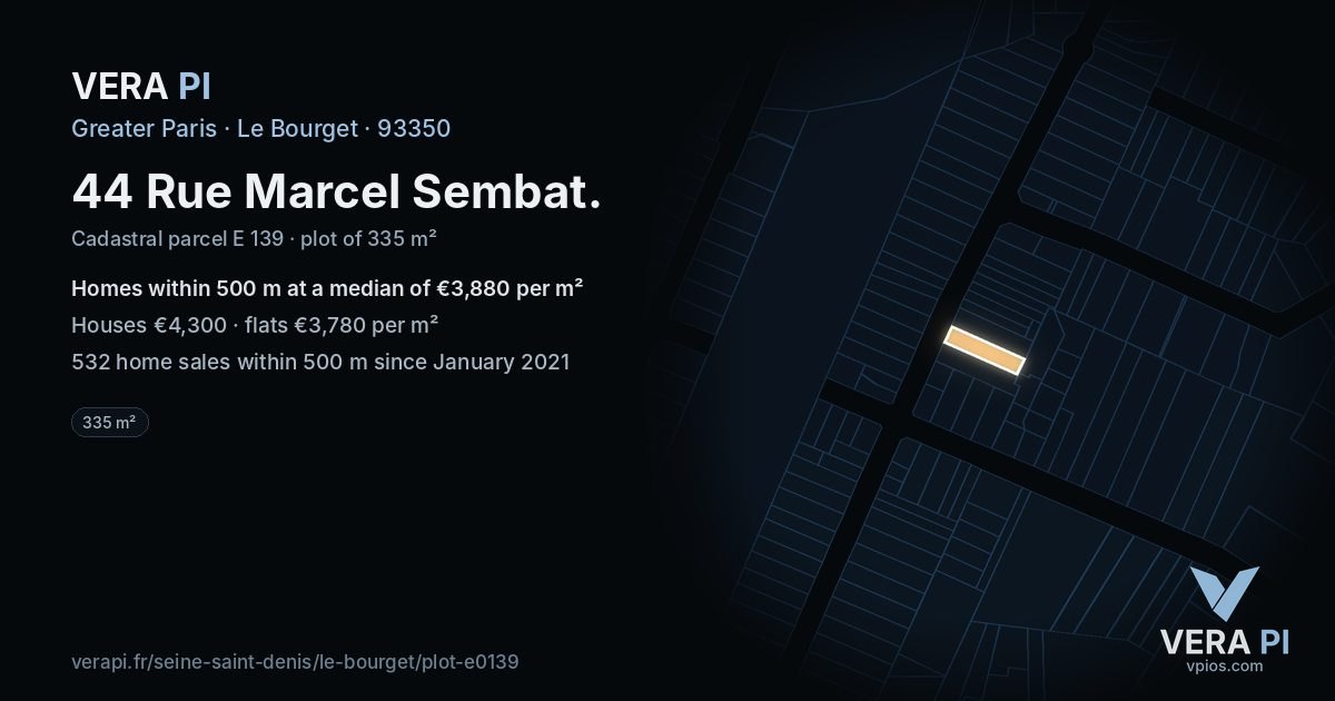 44 Rue Marcel Sembat, Le Bourget at night – the plot lit, the parcels around coloured by the prices near them