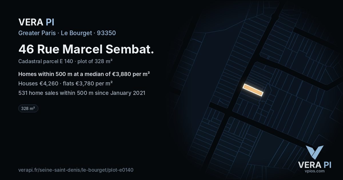 46 Rue Marcel Sembat, Le Bourget at night – the plot lit, the parcels around coloured by the prices near them