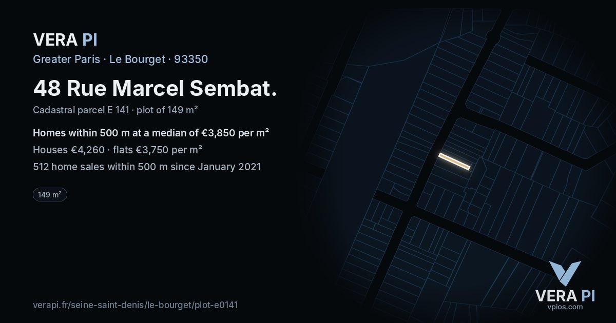48 Rue Marcel Sembat, Le Bourget at night – the plot lit, the parcels around coloured by the prices near them