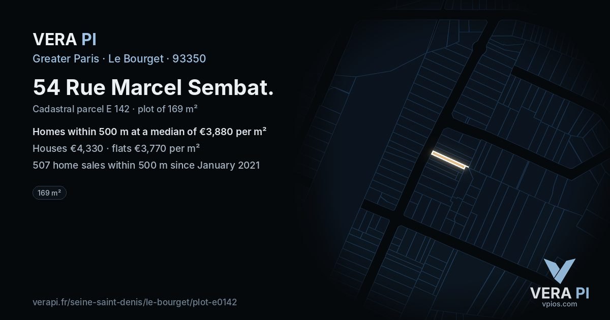 54 Rue Marcel Sembat, Le Bourget at night – the plot lit, the parcels around coloured by the prices near them