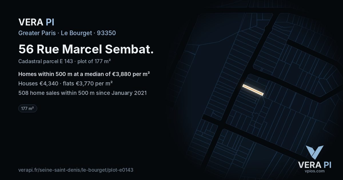 56 Rue Marcel Sembat, Le Bourget at night – the plot lit, the parcels around coloured by the prices near them