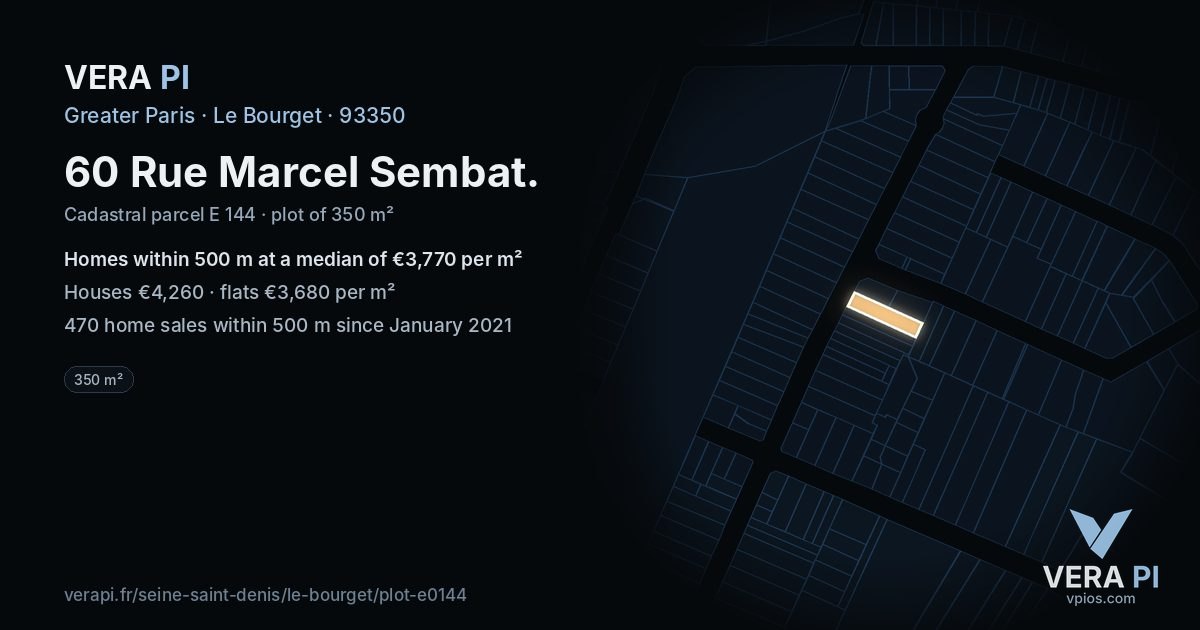 60 Rue Marcel Sembat, Le Bourget at night – the plot lit, the parcels around coloured by the prices near them