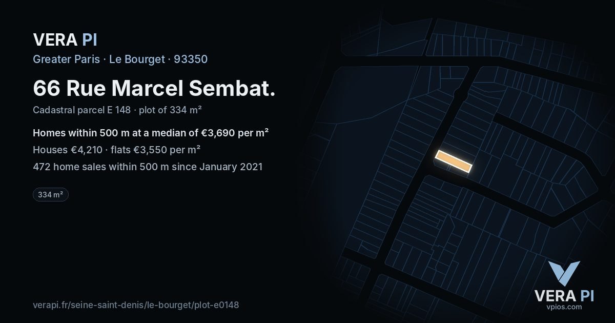 66 Rue Marcel Sembat, Le Bourget at night – the plot lit, the parcels around coloured by the prices near them