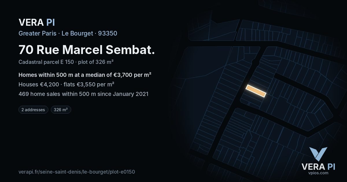 70 Rue Marcel Sembat, Le Bourget at night – the plot lit, the parcels around coloured by the prices near them