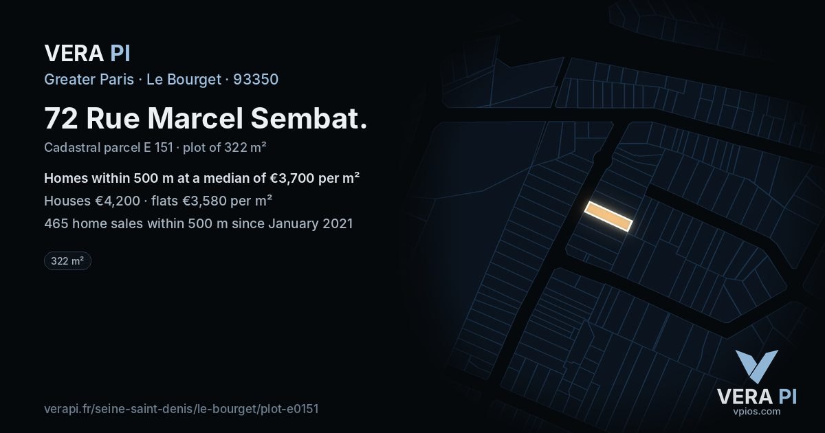 72 Rue Marcel Sembat, Le Bourget at night – the plot lit, the parcels around coloured by the prices near them