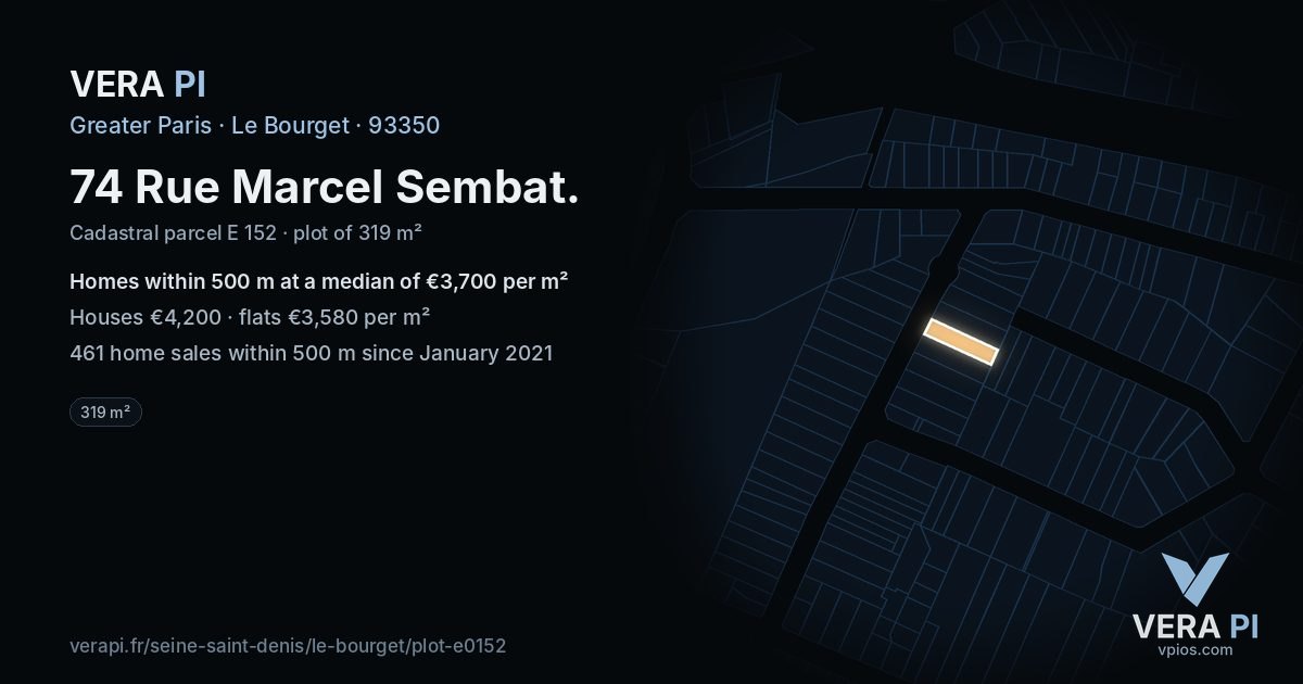 74 Rue Marcel Sembat, Le Bourget at night – the plot lit, the parcels around coloured by the prices near them