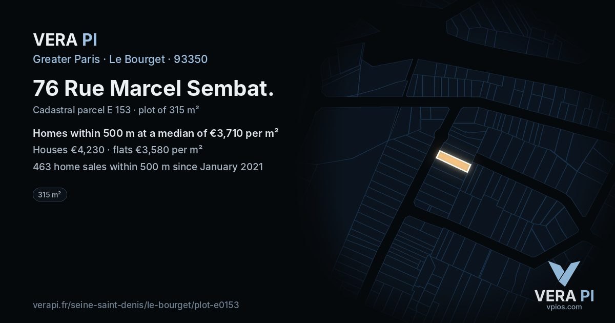 76 Rue Marcel Sembat, Le Bourget at night – the plot lit, the parcels around coloured by the prices near them