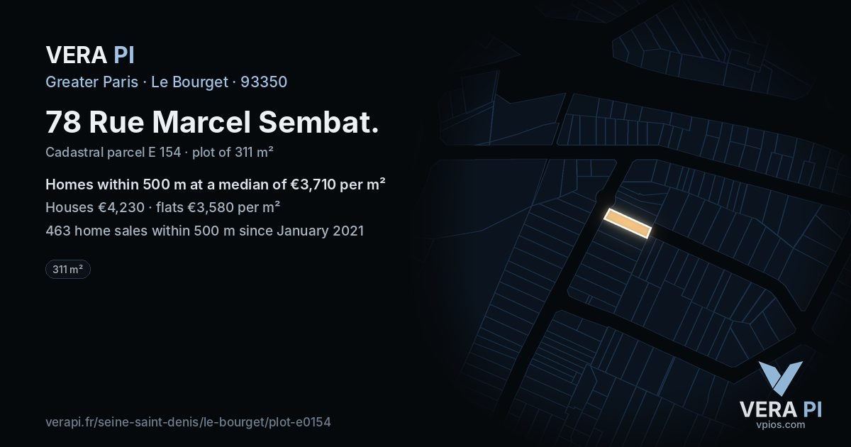 78 Rue Marcel Sembat, Le Bourget at night – the plot lit, the parcels around coloured by the prices near them