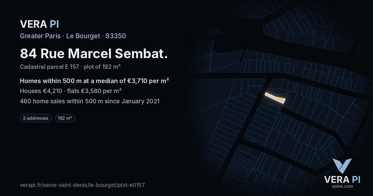 84 Rue Marcel Sembat, Le Bourget at night – the plot lit, the parcels around coloured by the prices near them