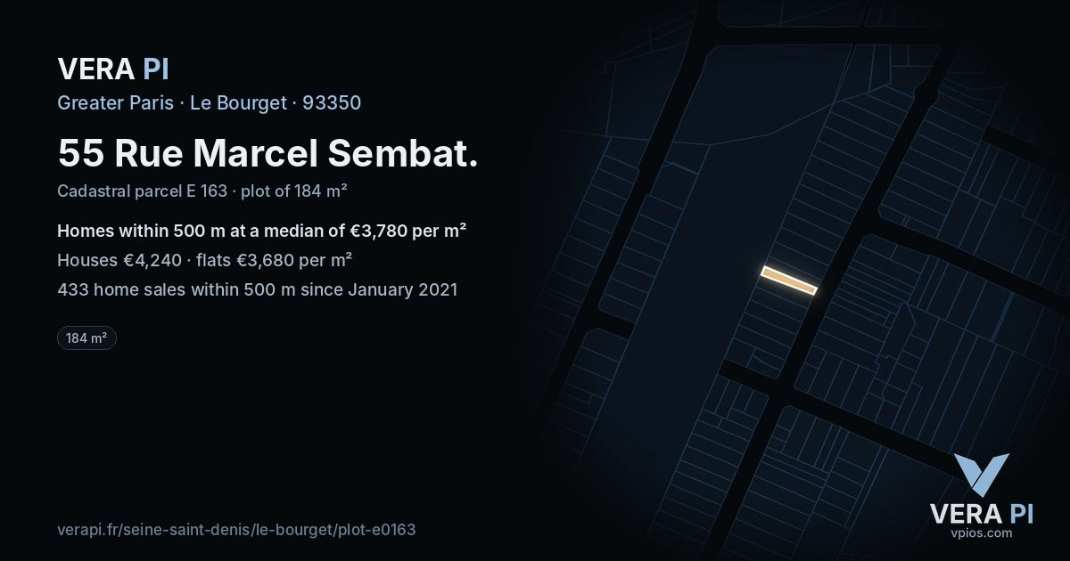 55 Rue Marcel Sembat, Le Bourget at night – the plot lit, the parcels around coloured by the prices near them