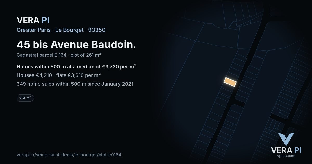 45 bis Avenue Baudoin, Le Bourget at night – the plot lit, the parcels around coloured by the prices near them