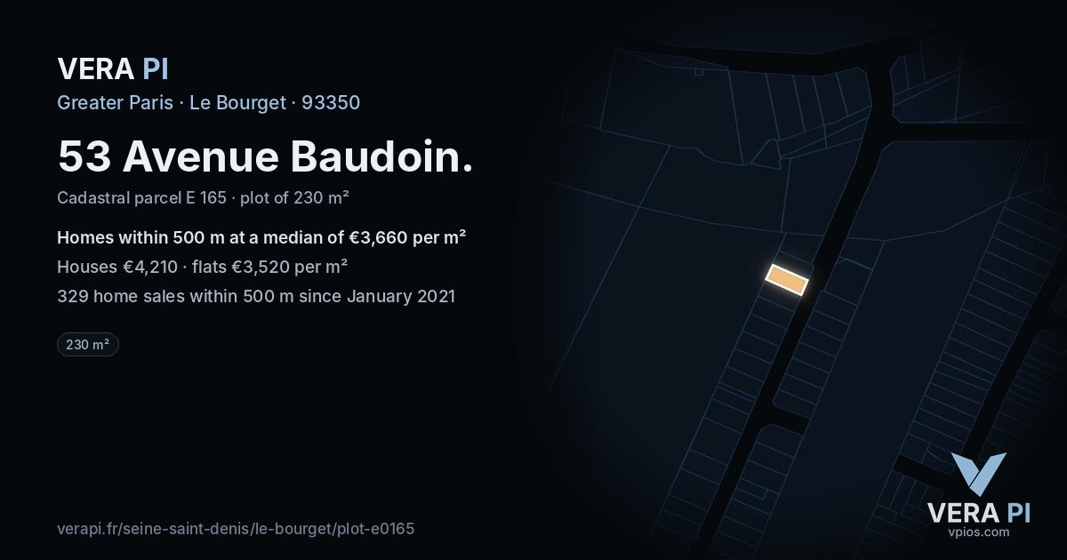 53 Avenue Baudoin, Le Bourget at night – the plot lit, the parcels around coloured by the prices near them