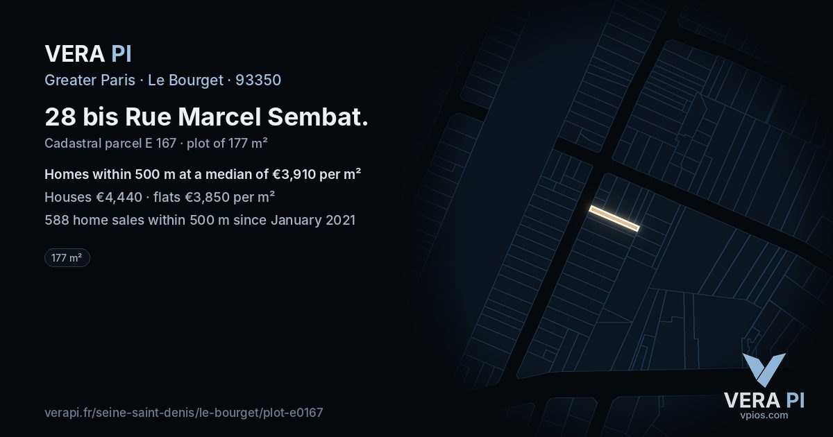 28 bis Rue Marcel Sembat, Le Bourget at night – the plot lit, the parcels around coloured by the prices near them