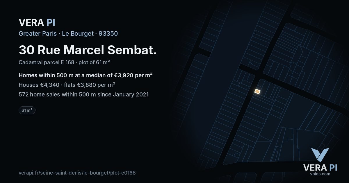 30 Rue Marcel Sembat, Le Bourget at night – the plot lit, the parcels around coloured by the prices near them