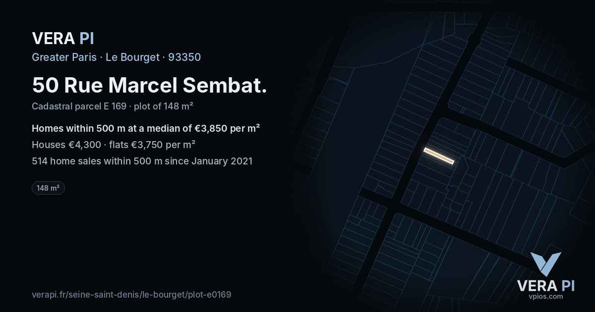 50 Rue Marcel Sembat, Le Bourget at night – the plot lit, the parcels around coloured by the prices near them