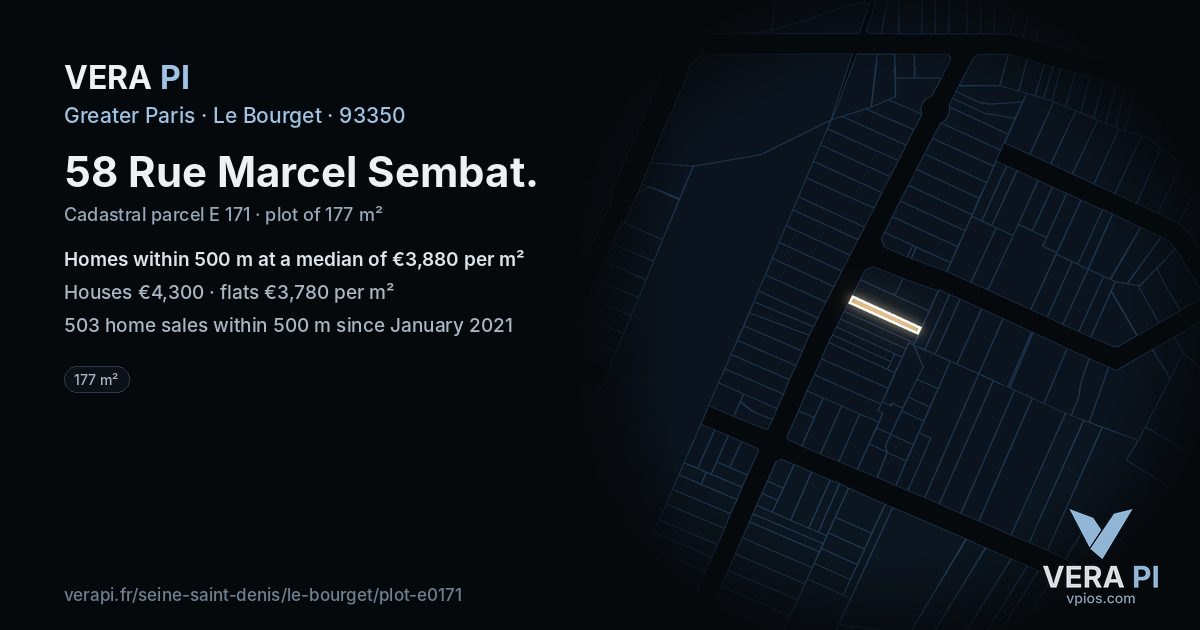 58 Rue Marcel Sembat, Le Bourget at night – the plot lit, the parcels around coloured by the prices near them