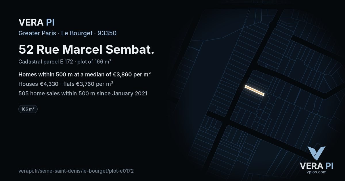 52 Rue Marcel Sembat, Le Bourget at night – the plot lit, the parcels around coloured by the prices near them