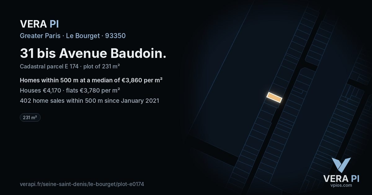 31 bis Avenue Baudoin, Le Bourget at night – the plot lit, the parcels around coloured by the prices near them