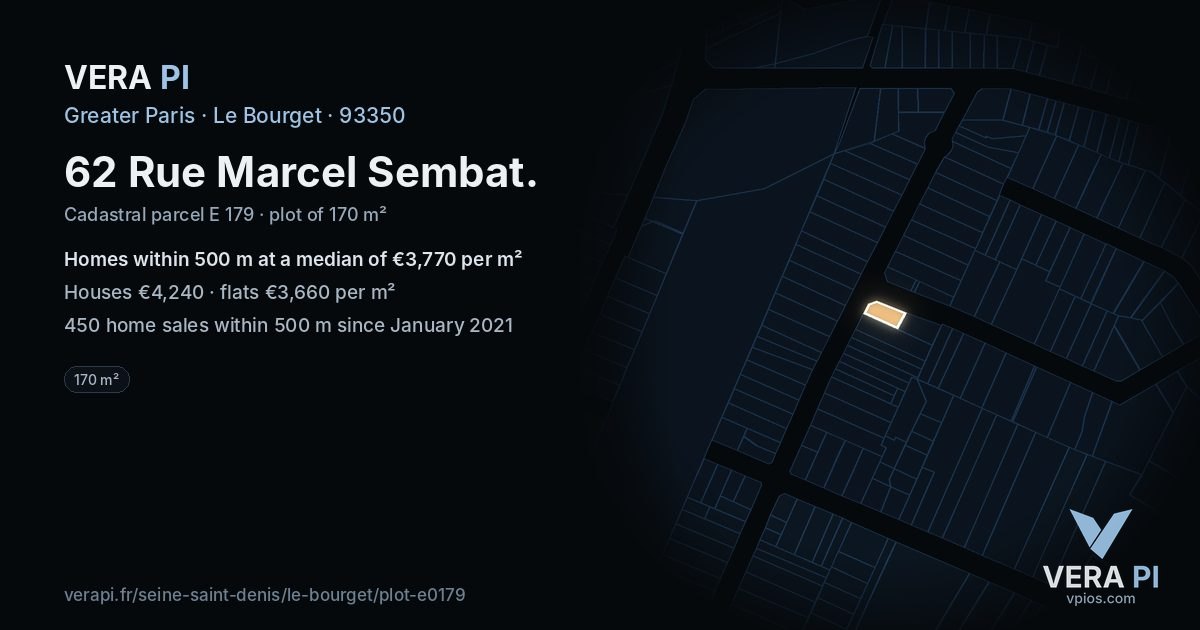 62 Rue Marcel Sembat, Le Bourget at night – the plot lit, the parcels around coloured by the prices near them
