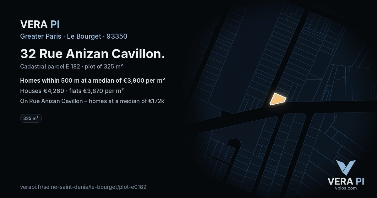 32 Rue Anizan Cavillon, Le Bourget at night – the plot lit, the parcels around coloured by the prices near them