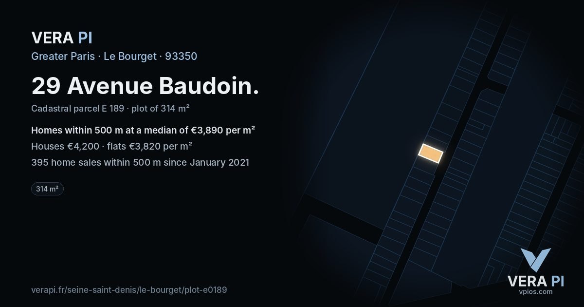 29 Avenue Baudoin, Le Bourget at night – the plot lit, the parcels around coloured by the prices near them
