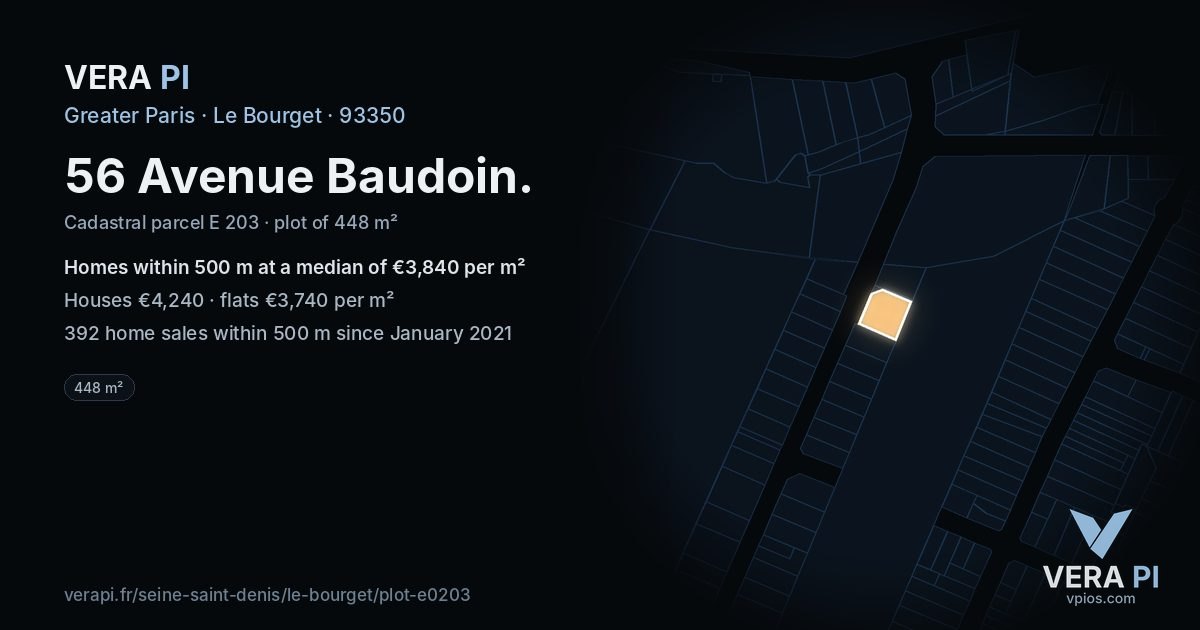 56 Avenue Baudoin, Le Bourget at night – the plot lit, the parcels around coloured by the prices near them