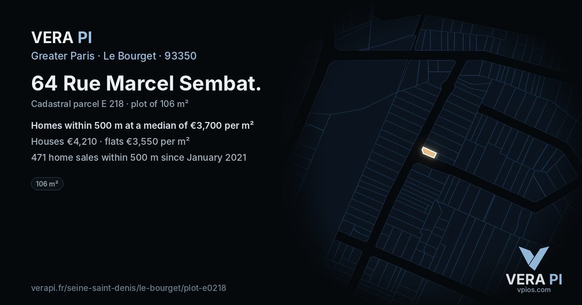 64 Rue Marcel Sembat, Le Bourget at night – the plot lit, the parcels around coloured by the prices near them